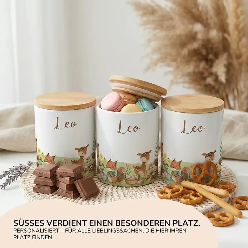 Personalisierte Keksdose Ostern Frühlingswiese – Keramik & Bambus mit Wunschname