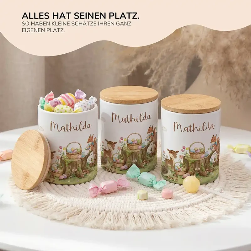 Personalisierte Keksdose Ostern Rehkitz – Keramik & Bambus mit Wunschname
