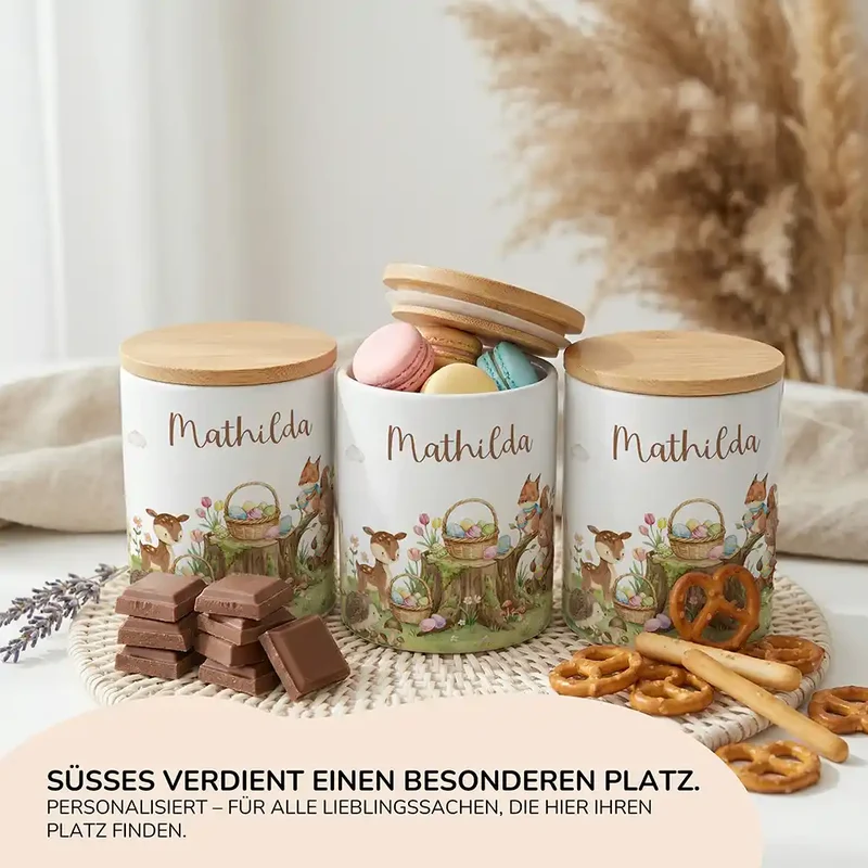Personalisierte Keksdose Ostern Rehkitz – Keramik & Bambus mit Wunschname