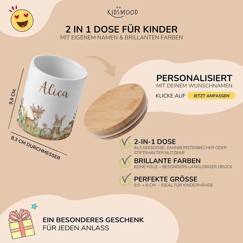 Personalisierte Keksdose Ostern Waldtiere-Treff – Keramik & Bambus mit Wunschname