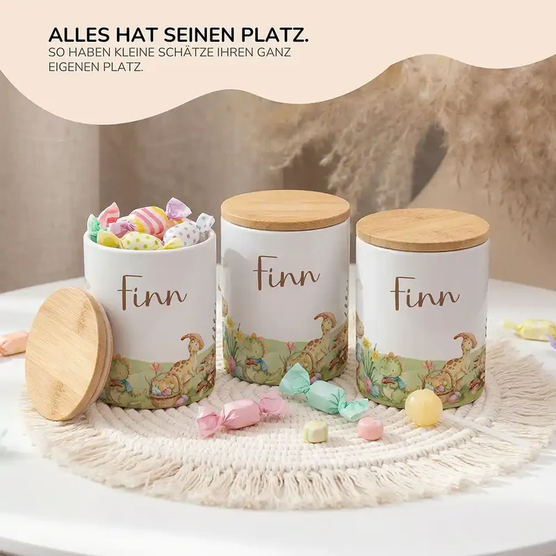 Personalisierte Keksdose Dinos Ostern – Keramik & Bambus mit Wunschname