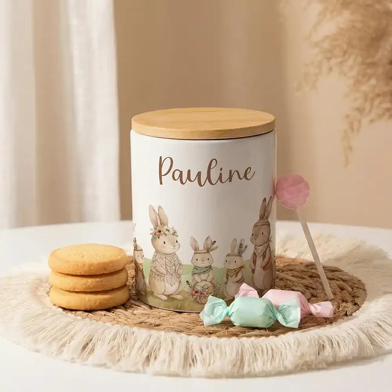 Personalisierte Keksdose Boho-Hasen – Keramik & Bambus mit Wunschname