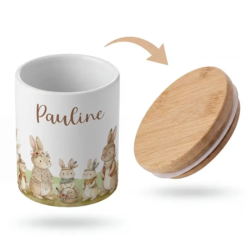 Personalisierte Keksdose Boho-Hasen – Keramik & Bambus mit Wunschname