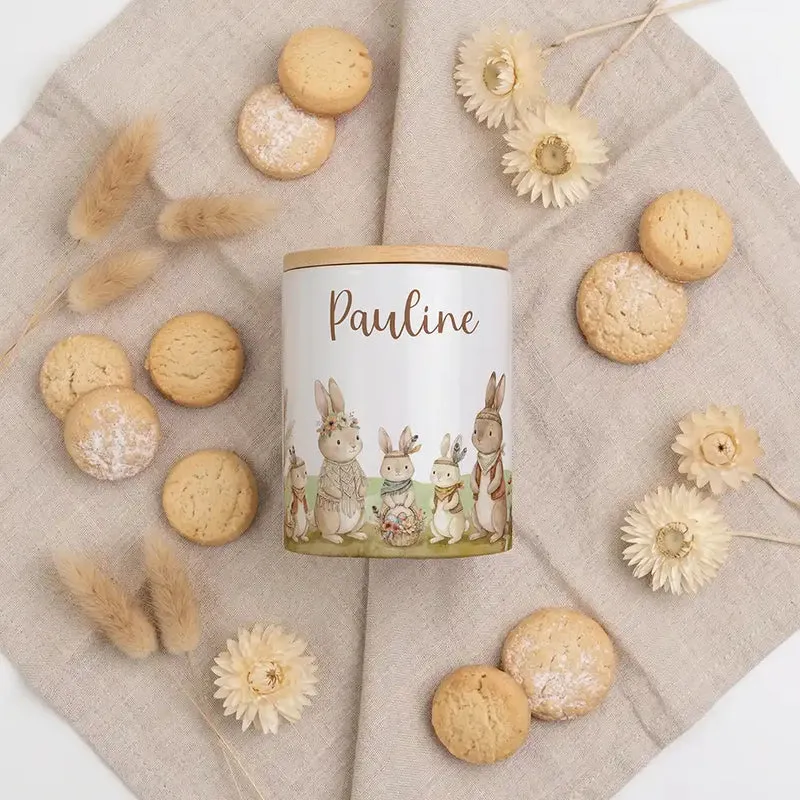 Personalisierte Keksdose Boho-Hasen – Keramik & Bambus mit Wunschname