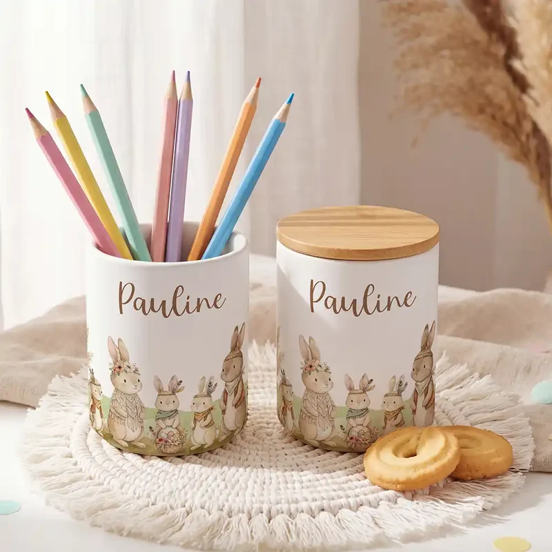 Personalisierte Keksdose Boho-Hasen – Keramik & Bambus mit Wunschname