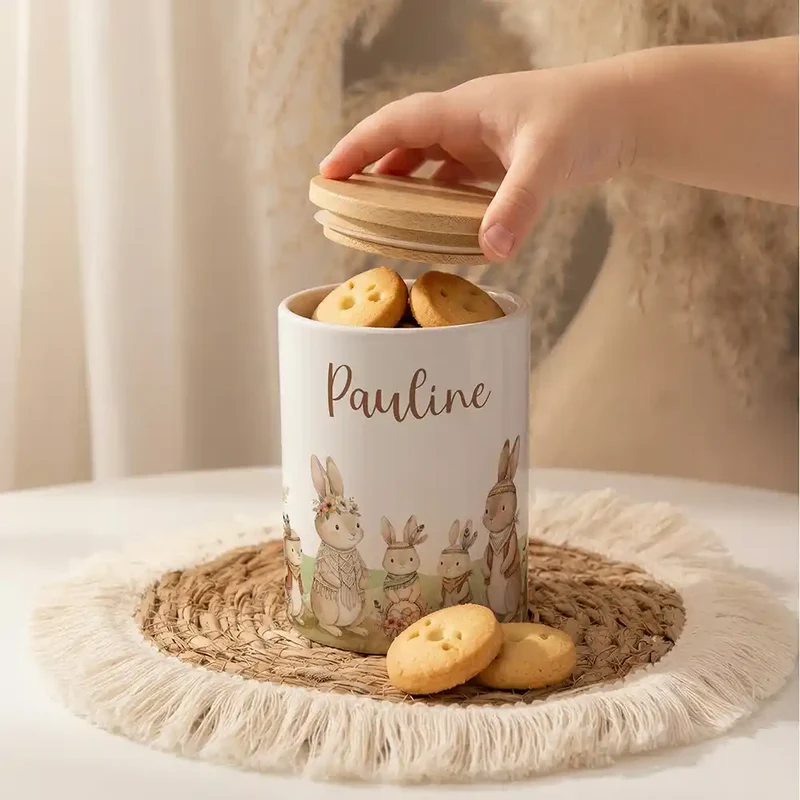 Personalisierte Keksdose Boho-Hasen – Keramik & Bambus mit Wunschname