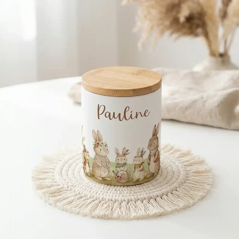 Personalisierte Keksdose Boho-Hasen – Keramik & Bambus mit Wunschname
