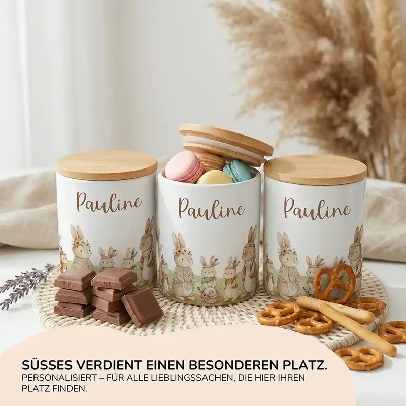 Personalisierte Keksdose Boho-Hasen – Keramik & Bambus mit Wunschname