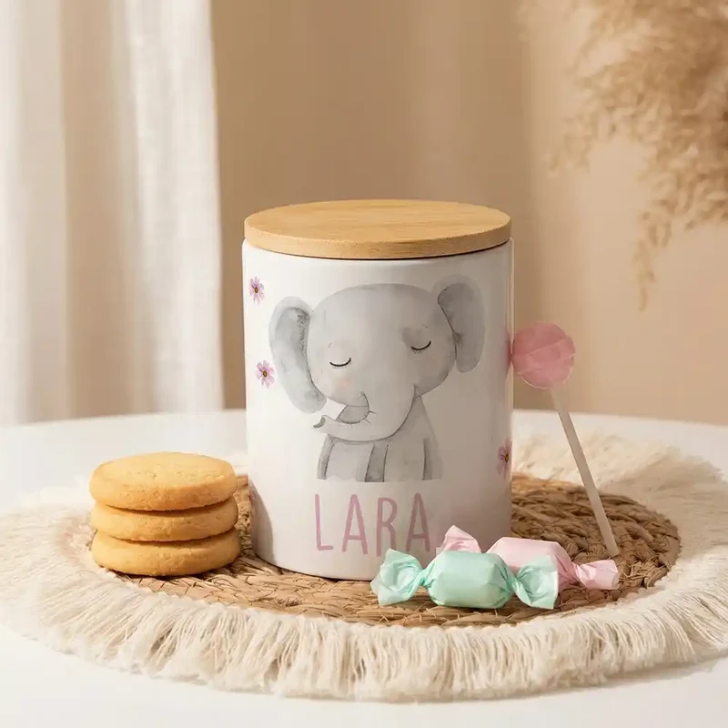 Personalisierte Keksdose Elefant Blumen – Keramik & Bambus mit Wunschname