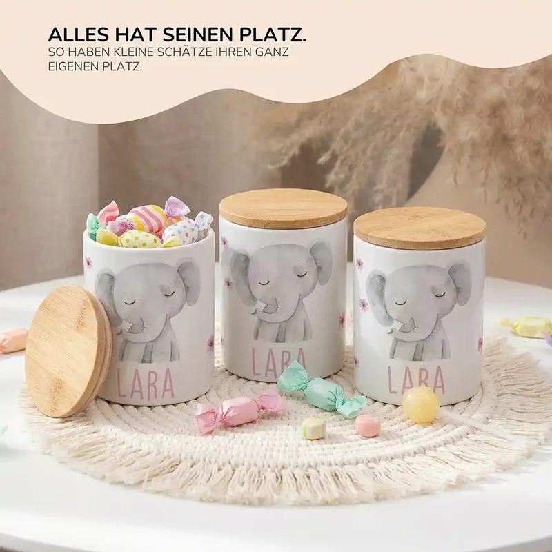 Personalisierte Keksdose Elefant Blumen – Keramik & Bambus mit Wunschname