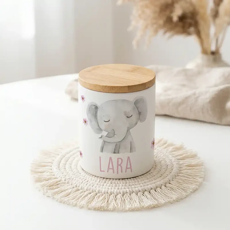 Personalisierte Keksdose Elefant Blumen – Keramik & Bambus mit Wunschname