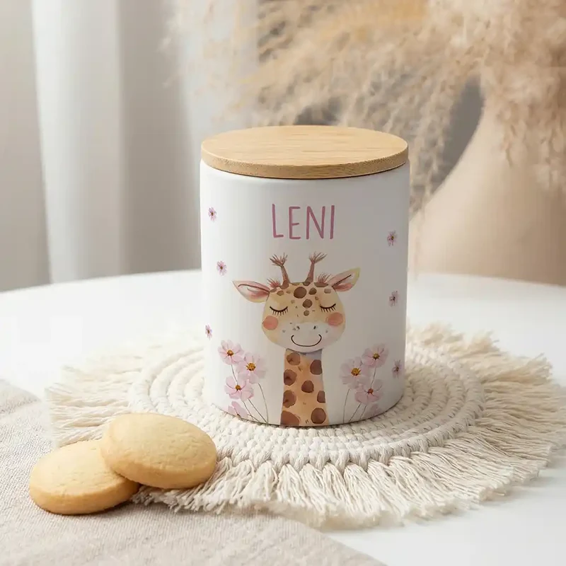 Personalisierte Keksdose Giraffe Blumen – Keramik & Bambus mit Wunschname