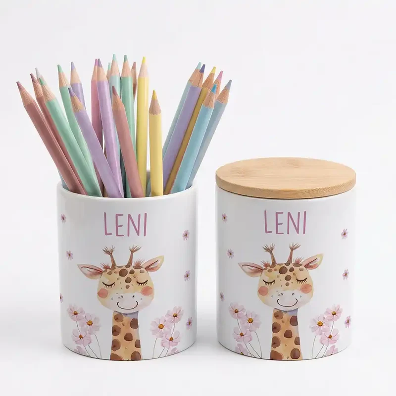 Personalisierte Keksdose Giraffe Blumen – Keramik & Bambus mit Wunschname