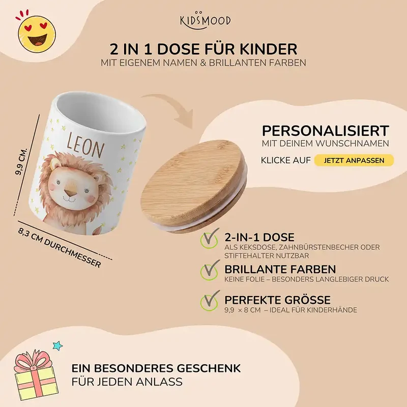 Personalisierte Keksdose Löwe Sterne – Keramik & Bambus mit Wunschname
