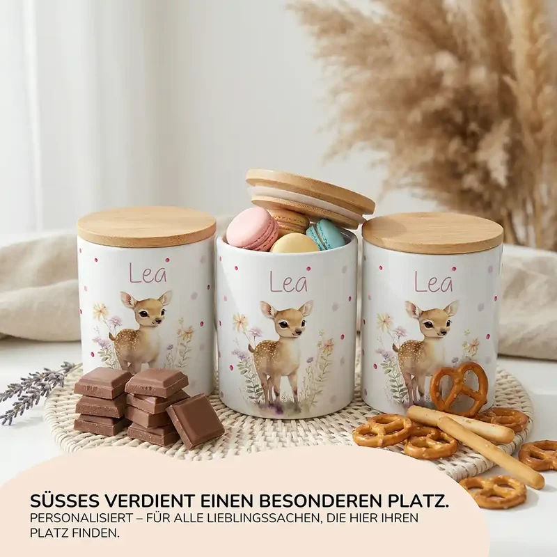Personalisierte Keksdose Rehkitz Blumenwiese – Keramik & Bambus mit Wunschname