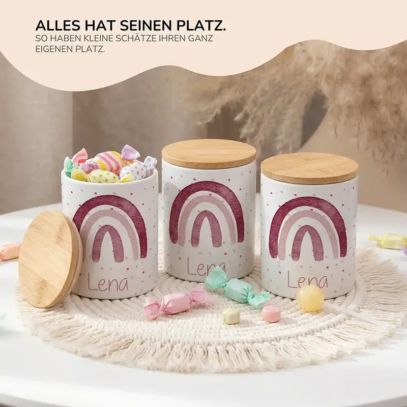 Personalisierte Keksdose Regenbogen Rosa – Keramik & Bambus mit Wunschname