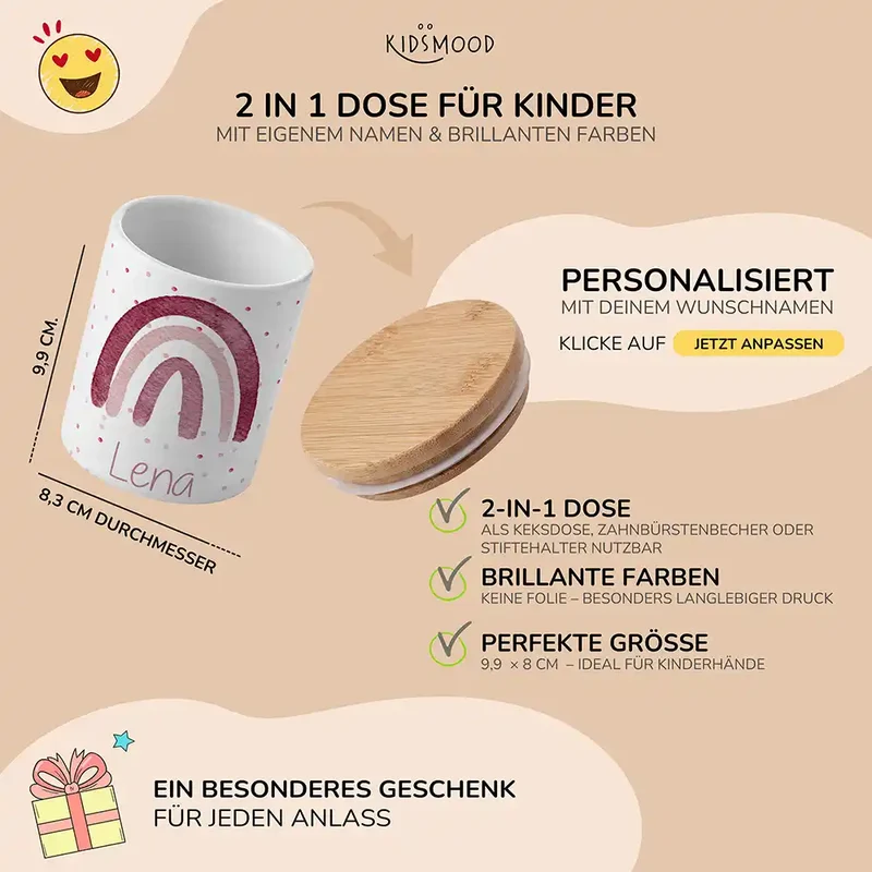 Personalisierte Keksdose Regenbogen Rosa – Keramik & Bambus mit Wunschname