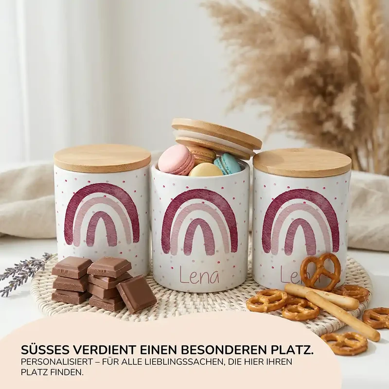 Personalisierte Keksdose Regenbogen Rosa – Keramik & Bambus mit Wunschname