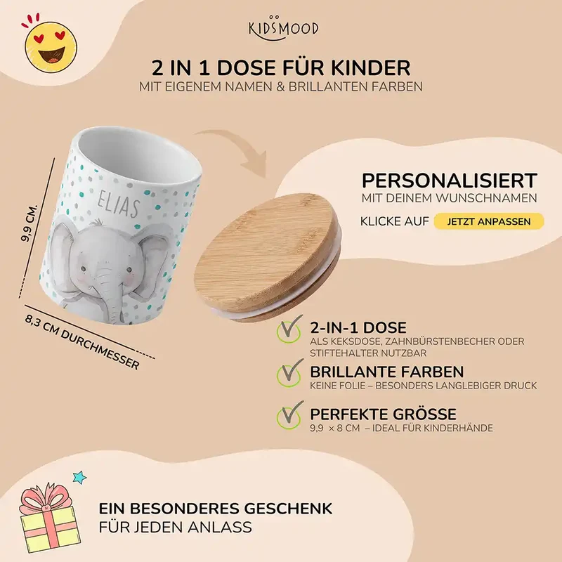 Personalisierte Keksdose Elefant Konfetti – Keramik & Bambus mit Wunschname