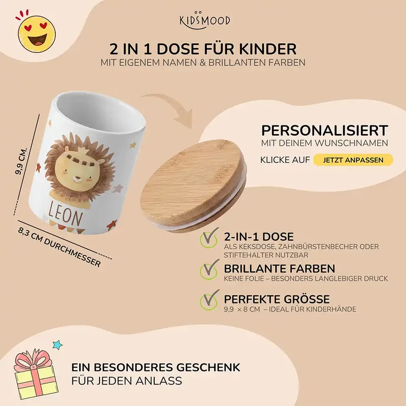 Personalisierte Keksdose Löwe Boho – Keramik & Bambus mit Wunschname