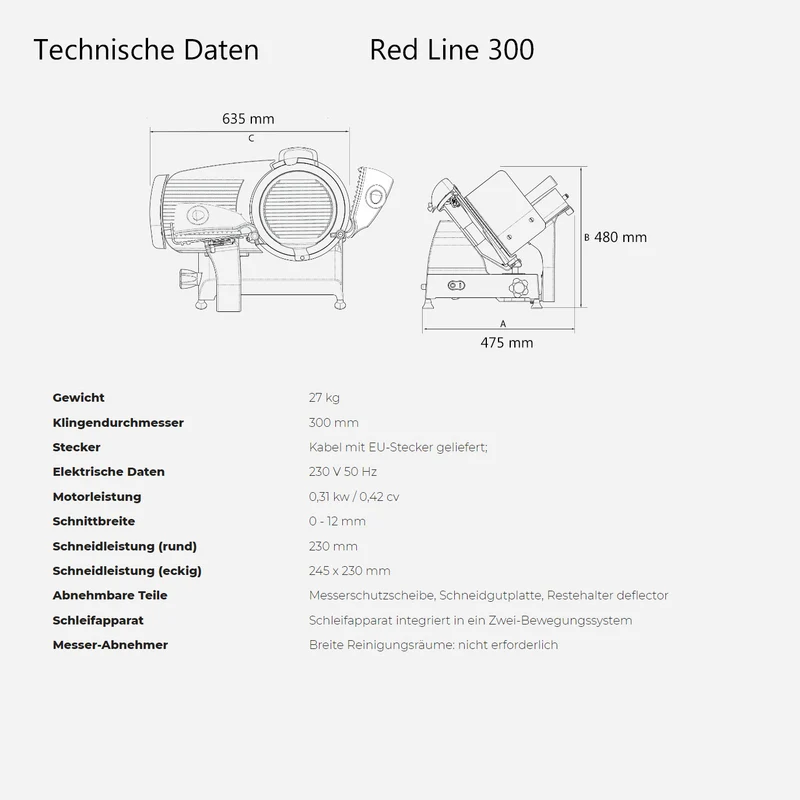 Berkel Red Line Weiß, 300 mm Original Profi-Aufschnittmaschine + Einlegebrett aus Eiche