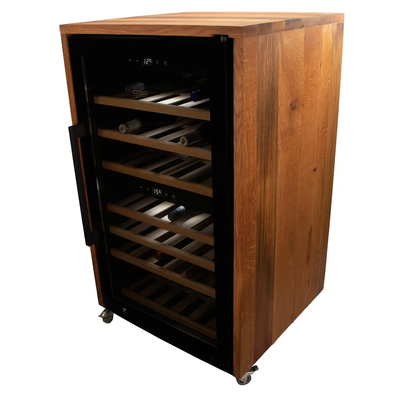 2-Zonen Weinkühlschrank, CASO WineExclusive 66 Smart, schwarz mit Fassholz Umhausung, steuerbar per APP