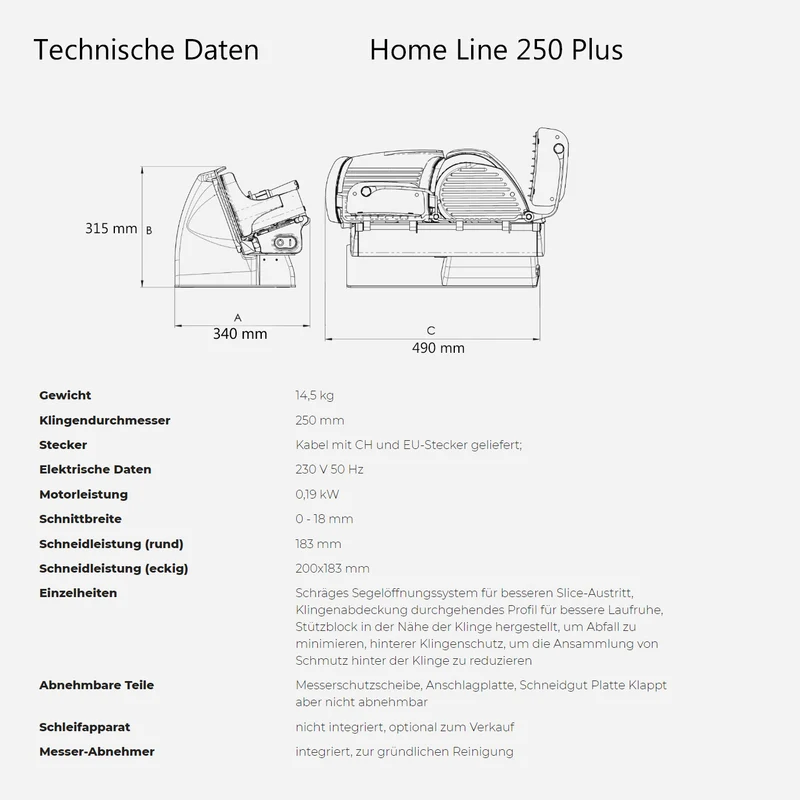 Berkel Home Line 250 Plus Schwarz, Aufschnittmaschine, Schneidemaschine + 100% handgefertigtes Schneidebrett