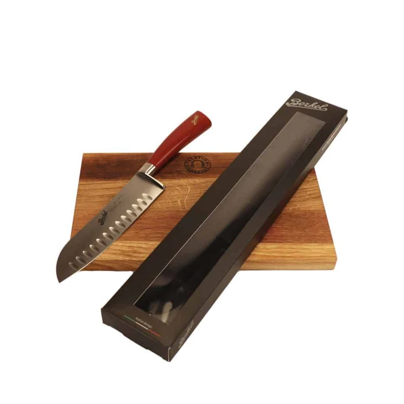 Berkel Messer - Elegance Santoku-Messer 18cm rot - japanisches Messer mit 100% handgefertigtem Schneidebrett Unikat 30x20 cm