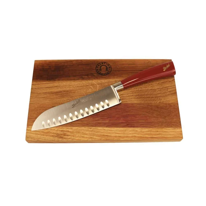 Berkel Messer - Elegance Santoku-Messer 18cm rot - japanisches Messer mit 100% handgefertigtem Schneidebrett Unikat 30x20 cm