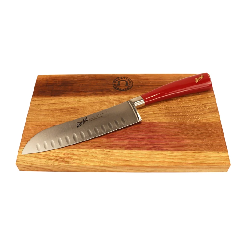 Berkel Messer - Elegance Santoku-Messer 18cm rot - japanisches Messer mit 100% handgefertigtem Schneidebrett Unikat 30x20 cm