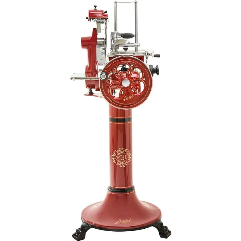 Berkel Volano B2 Rot, Schwungradmaschine - Wunderschöne Aufschnittmaschine + Fassholzbrett Unikat