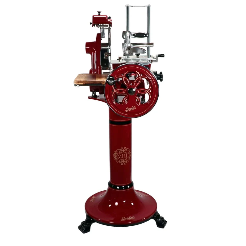 Berkel Volano B2 Schwungradmaschine in rot - Wunderschöne Aufschnittmaschine mit Standfuß + Fassholzbrett Unikat