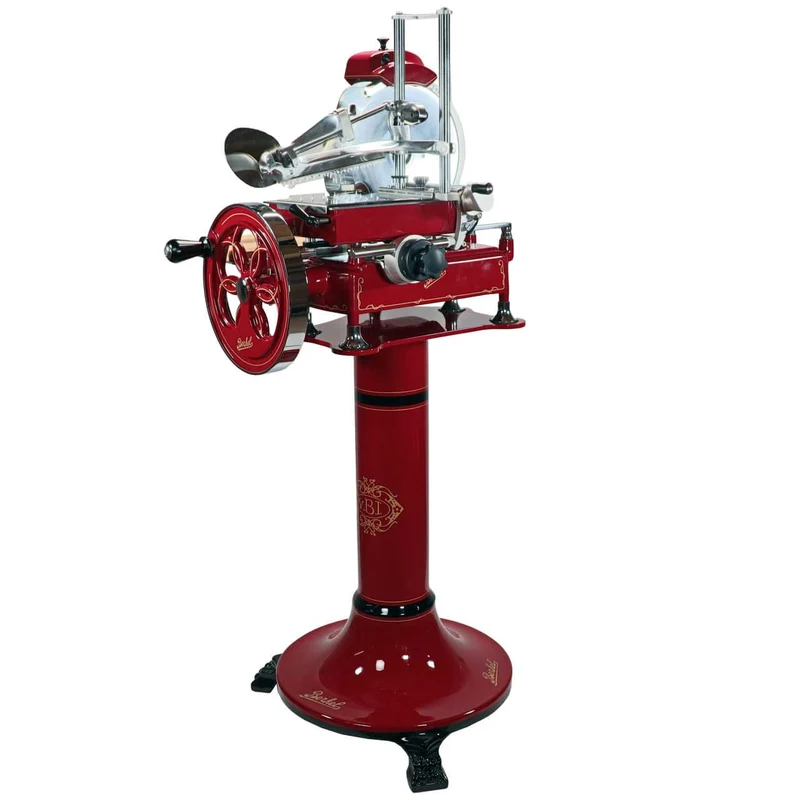 Berkel Volano B2 Schwungradmaschine in rot - Wunderschöne Aufschnittmaschine mit Standfuß + Fassholzbrett Unikat