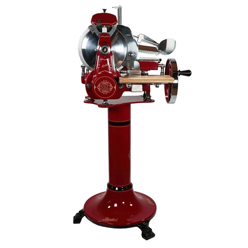 Berkel Volano B2 Schwungradmaschine in rot - Wunderschöne Aufschnittmaschine mit Standfuß + Fassholzbrett Unikat