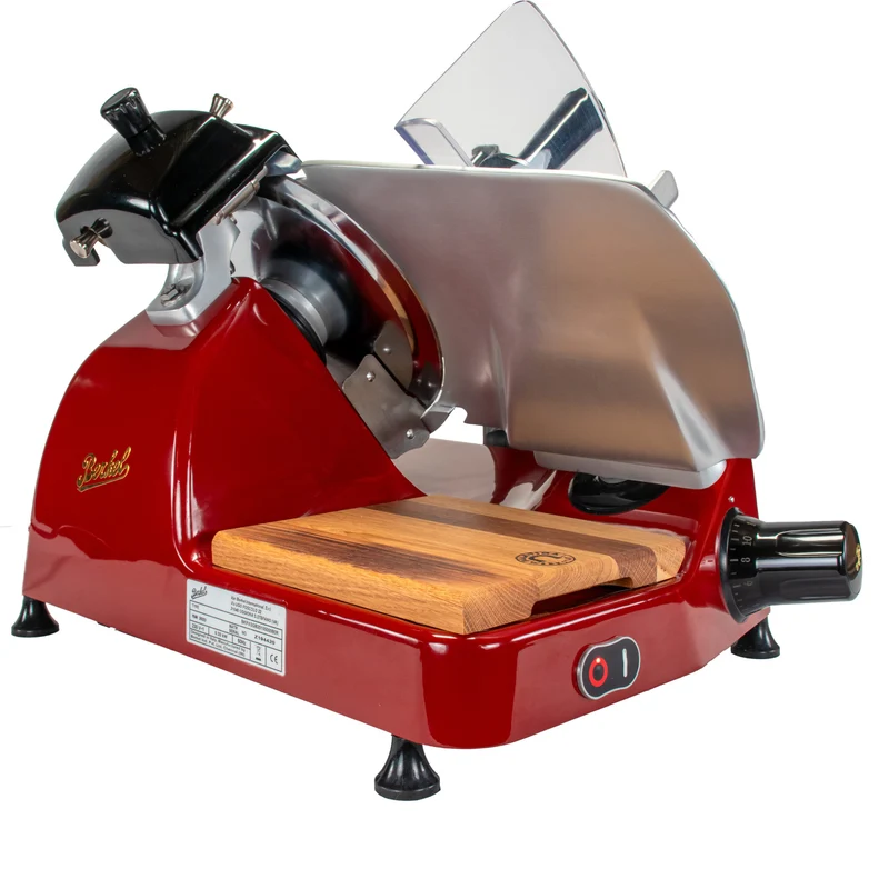 Berkel Aufschnittmaschine Pro Line XS 25 Rot, Der Profi Allesschneider für Ihre Küche + 100% handgefertigtes Fassholzbrett Unikat