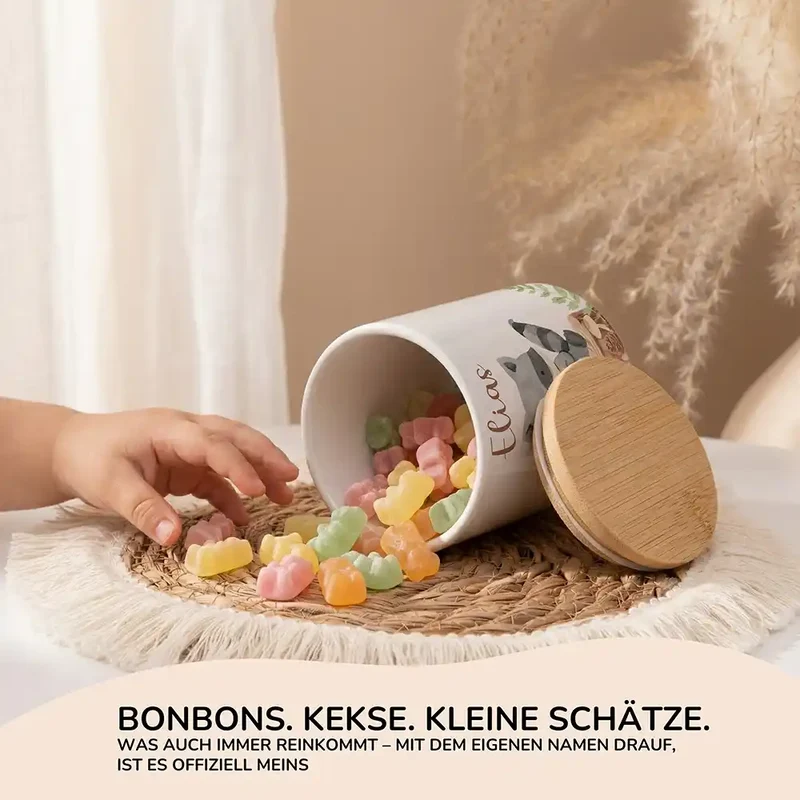 Personalisierte Keksdose Waschbär Wald – Keramik & Bambus mit Wunschname