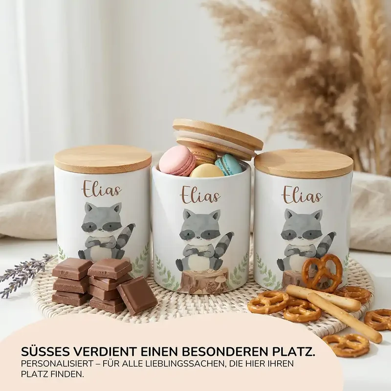 Personalisierte Keksdose Waschbär Wald – Keramik & Bambus mit Wunschname
