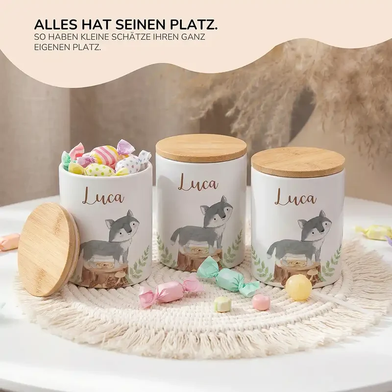 Personalisierte Keksdose Wolf Wald – Keramik & Bambus mit Wunschname
