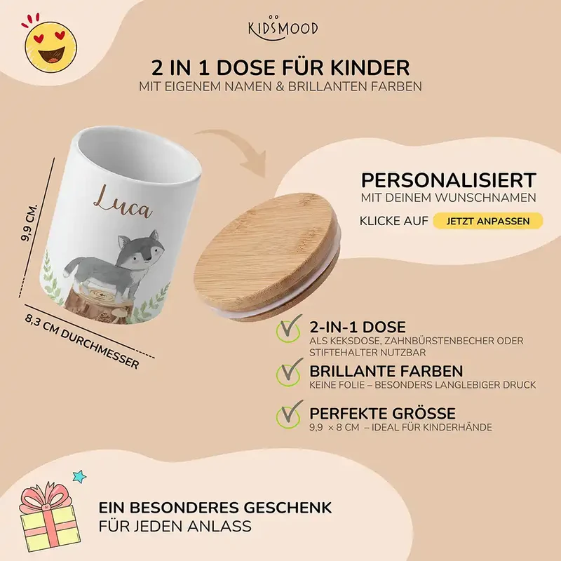 Personalisierte Keksdose Wolf Wald – Keramik & Bambus mit Wunschname