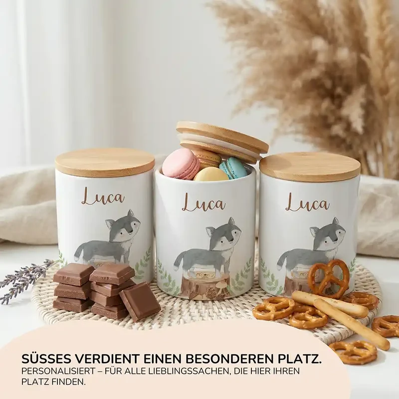 Personalisierte Keksdose Wolf Wald – Keramik & Bambus mit Wunschname