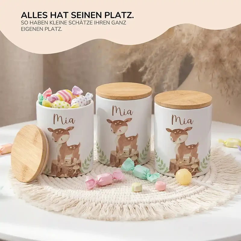 Personalisierte Keksdose Rehkitz Wald – Keramik & Bambus mit Wunschname