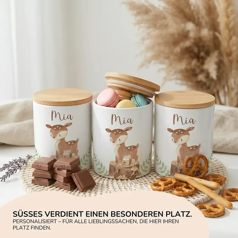Personalisierte Keksdose Rehkitz Wald – Keramik & Bambus mit Wunschname