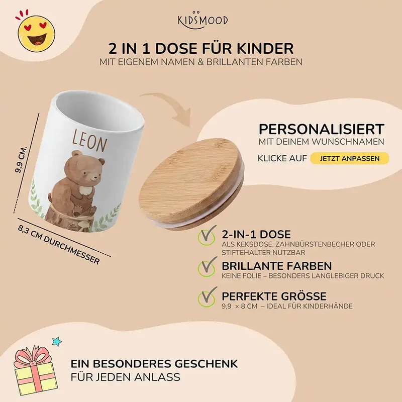 Personalisierte Keksdose Bär Wald – Keramik & Bambus mit Wunschname