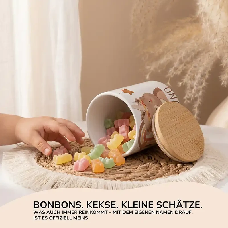 Personalisierte Keksdose Boho-Bär – Keramik & Bambus mit Wunschname