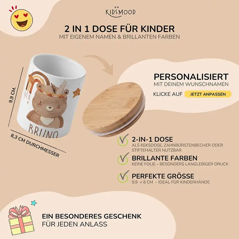 Personalisierte Keksdose Boho-Bär – Keramik & Bambus mit Wunschname