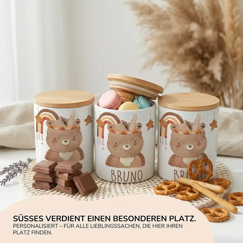 Personalisierte Keksdose Boho-Bär – Keramik & Bambus mit Wunschname