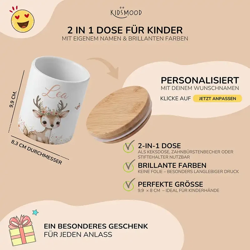 Personalisierte Keksdose Reh Blumenkranz – Keramik & Bambus mit Wunschname