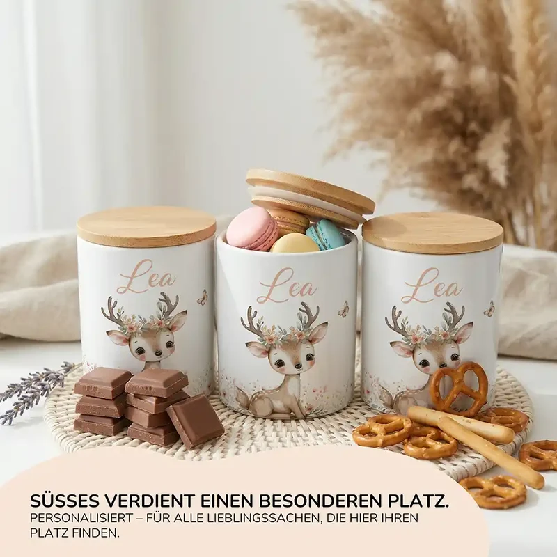 Personalisierte Keksdose Reh Blumenkranz – Keramik & Bambus mit Wunschname