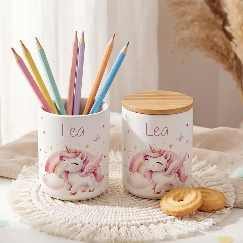 Personalisierte Keksdose Einhorn Flügel – Keramik & Bambus mit Wunschname