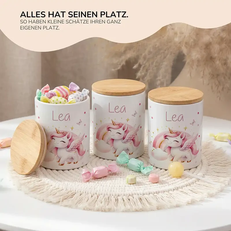 Personalisierte Keksdose Einhorn Flügel – Keramik & Bambus mit Wunschname